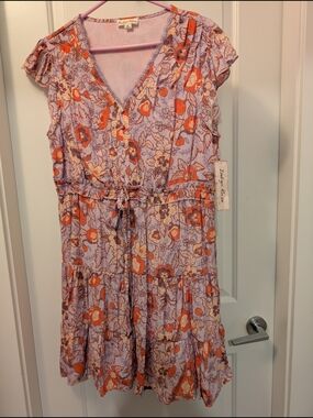 Indigo Rose Lavender & Orange Floral Faux-button Midi Dress